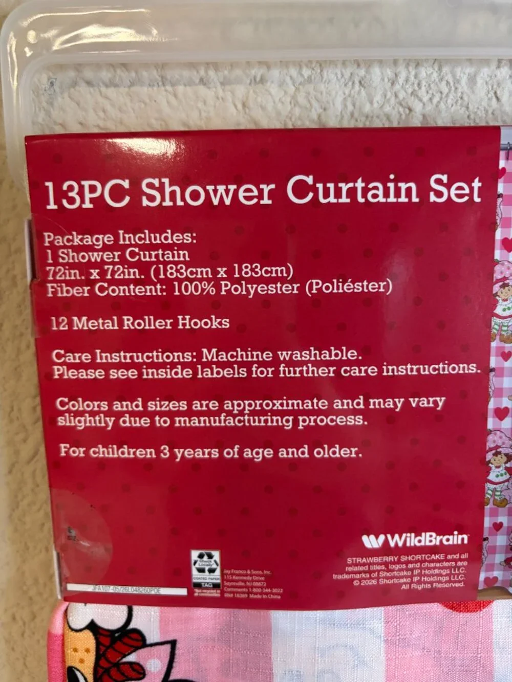 Strawberry Shortcake Shower Curtain Set Pink Gingham Hearts 72x72 NWT